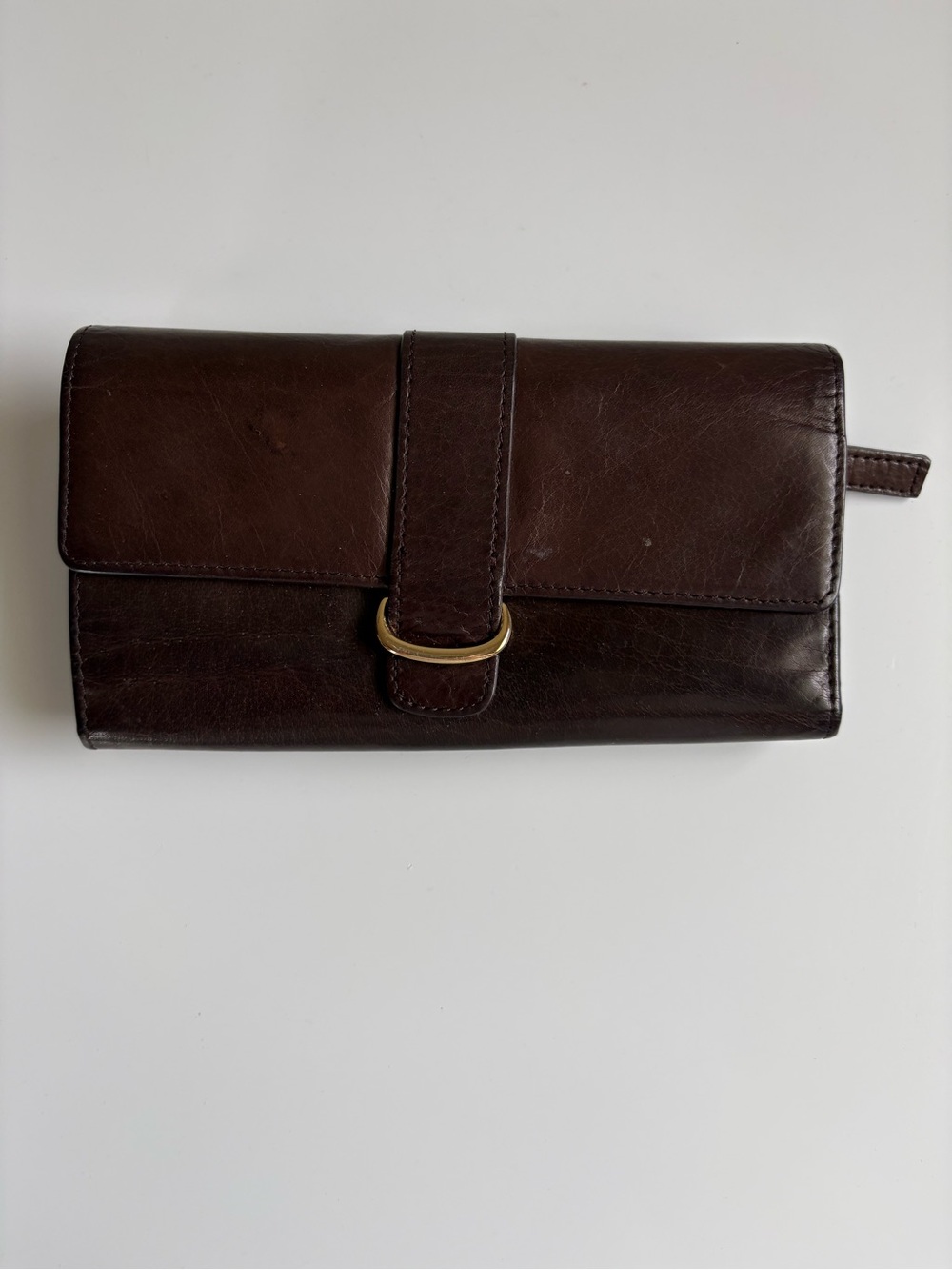 Brown Cowhide Leather Long Trifold Wallet Classic Crescent Gold Ring Clasp
